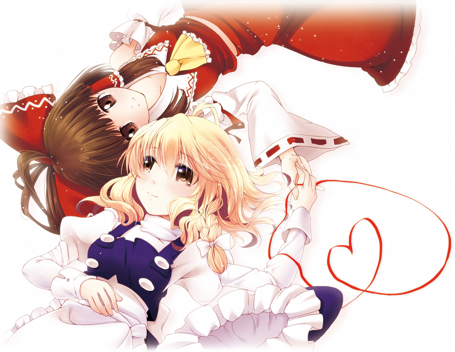 2girls, hakurei_reimu, japanese_clothes, kirisame_marisa, miko, shoujo_ai, touhou, tsukasaki_aoi