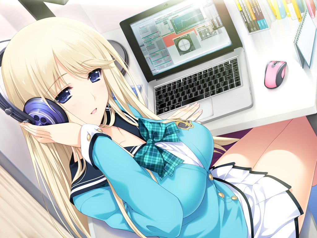 blonde_hair, blue_eyes, computer, game_cg, headphones, iizuki_tasuku, lovely_x_cation, lovely_x_cation_2, yoshinoya_seine