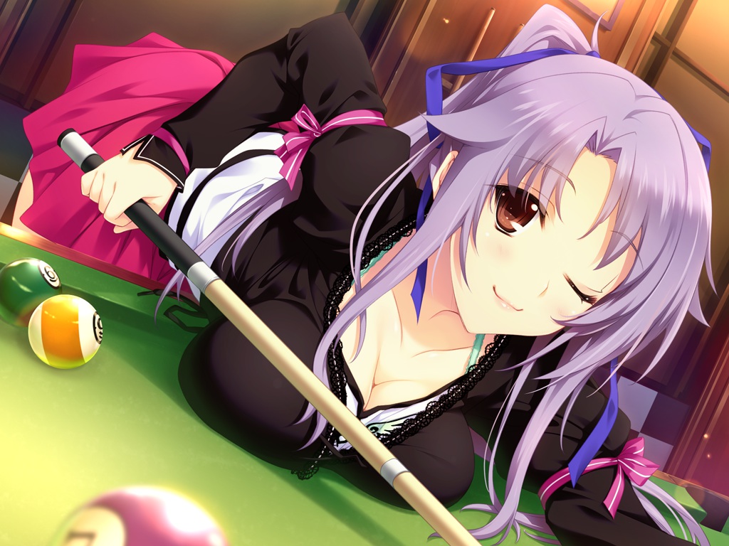 breasts, brown_eyes, cleavage, game_cg, iizuki_tasuku, long_hair, lovely_x_cation, lovely_x_cation_2, narukawa_hime, ponytail, purple_hair, ribbons, skirt, wink
