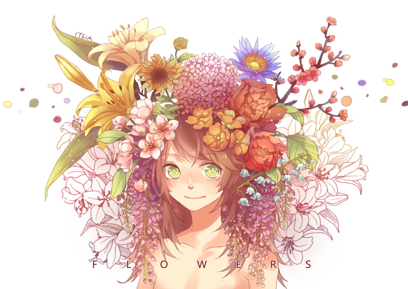 brown_hair, flowers, green_eyes, itsia, original