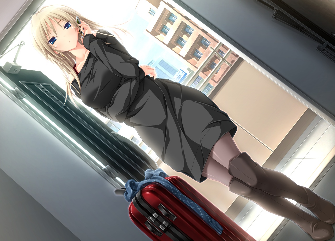 blue_eyes, boots, building, dress, game_cg, hapymaher, koku, long_hair, pantyhose, phone, white_hair, yayoi_b_lutwidge