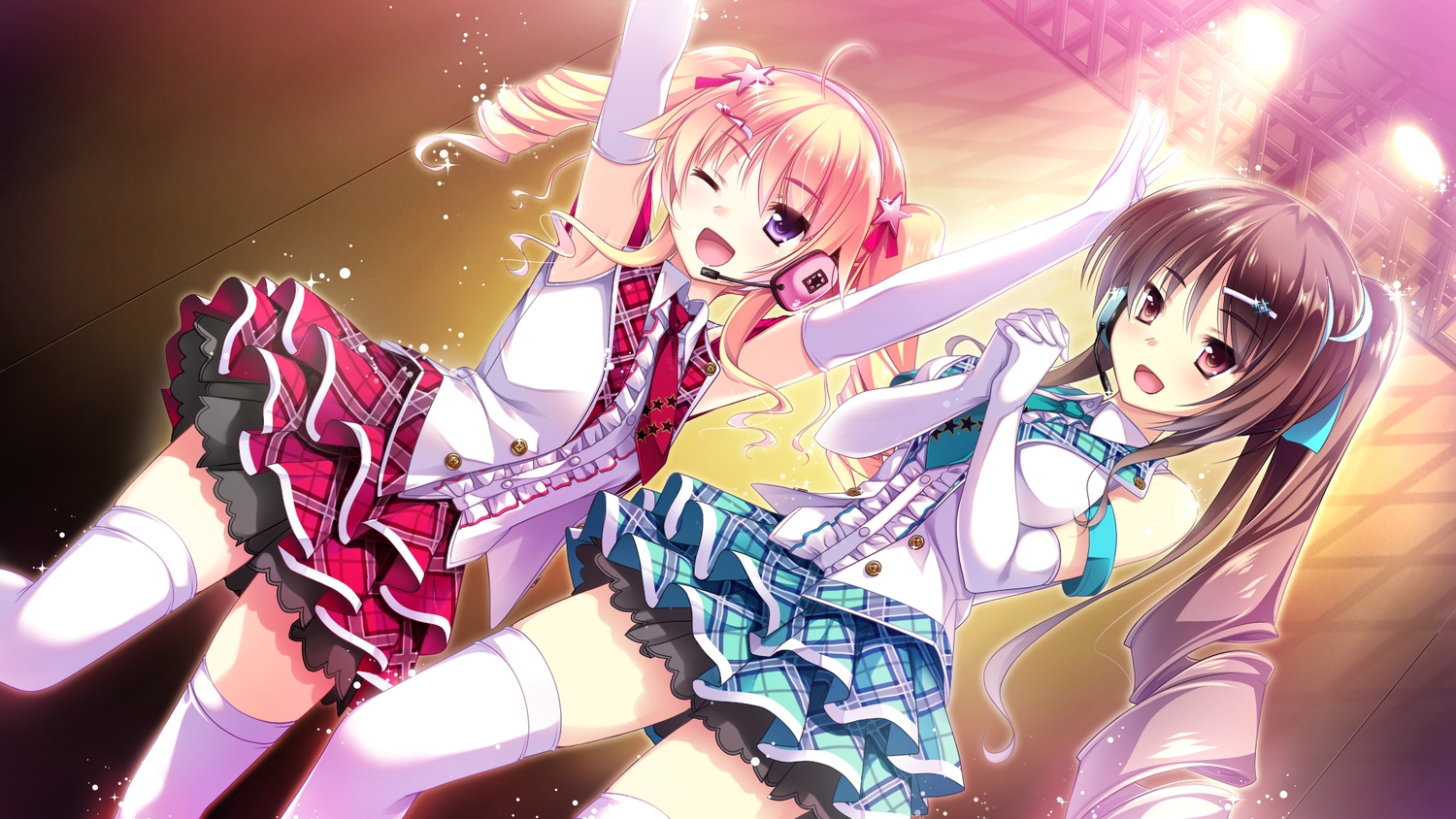 2girls, elbow_gloves, ensemble_(company), game_cg, gloves, headphones, mutou_kurihito, ojousama_wa_gokigen_naname