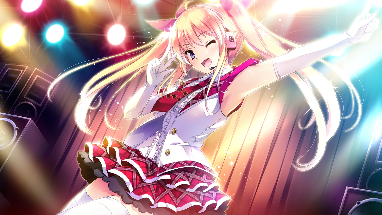 blonde_hair, elbow_gloves, ensemble_(company), game_cg, gloves, headphones, hibiki_otoha, long_hair, mutou_kurihito, ojousama_wa_gokigen_naname, purple_eyes, tagme, thighhighs, twintails, wink