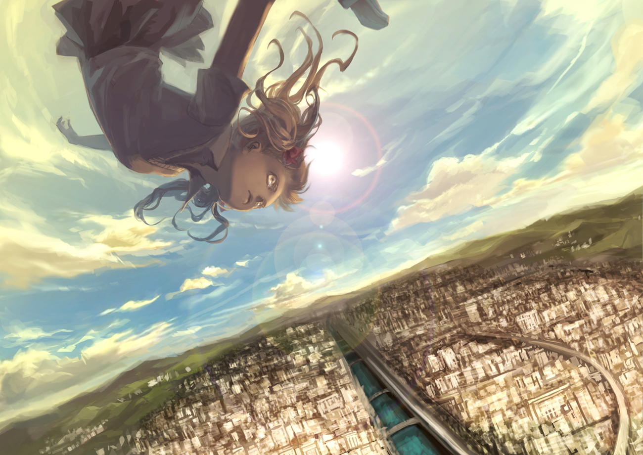 building, city, clouds, mizukai, scenic, school_uniform, shirai_kuroko, skirt