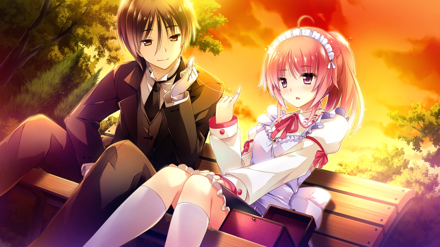 ensemble_(company), game_cg, headband, mutou_kurihito, ojousama_wa_gokigen_naname, sakurazaki_hajime, sakurazaki_hana, sky