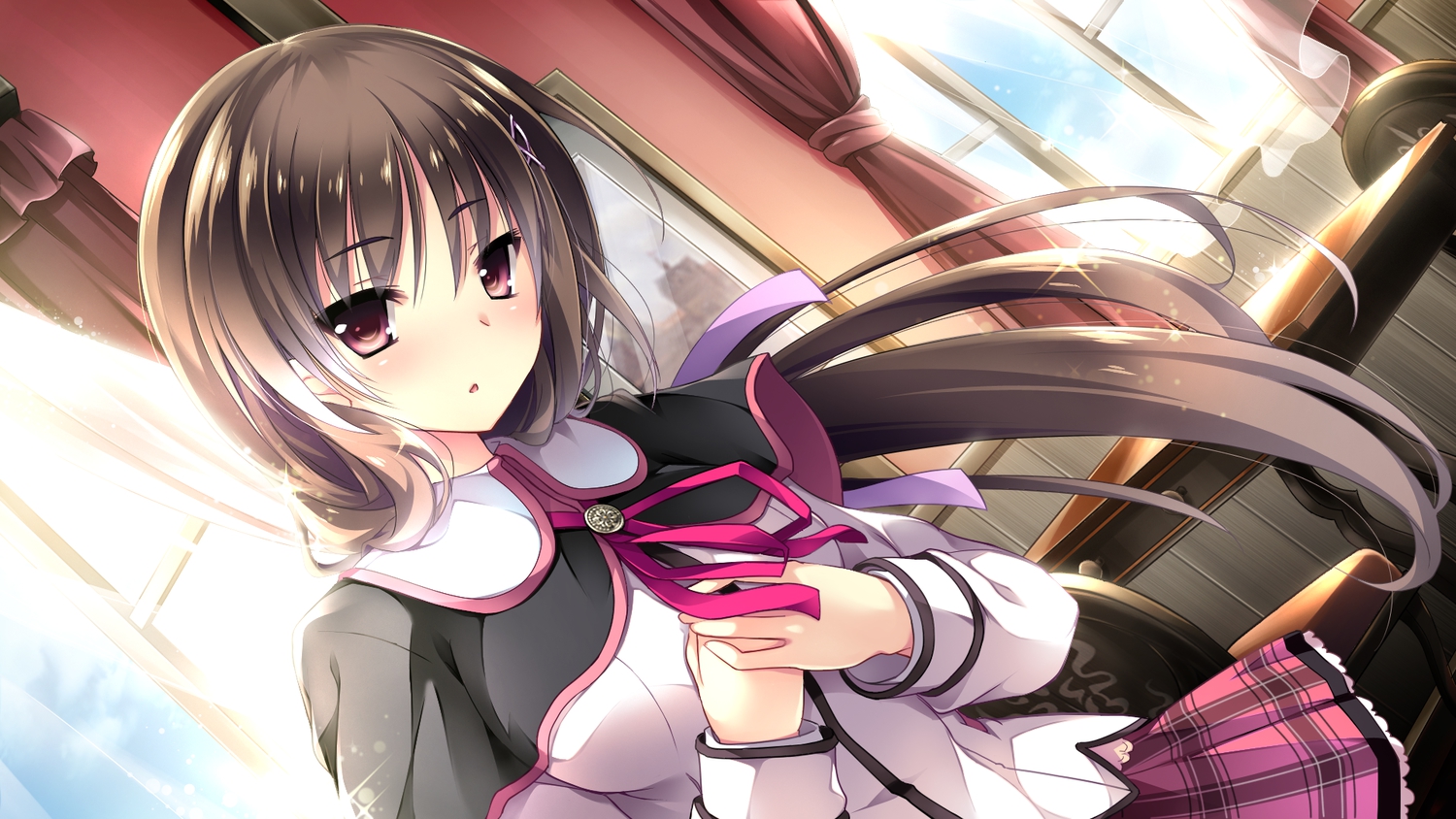 brown_hair, ensemble_(company), game_cg, ichimine_touka, mutou_kurihito, ojousama_wa_gokigen_naname, school_uniform