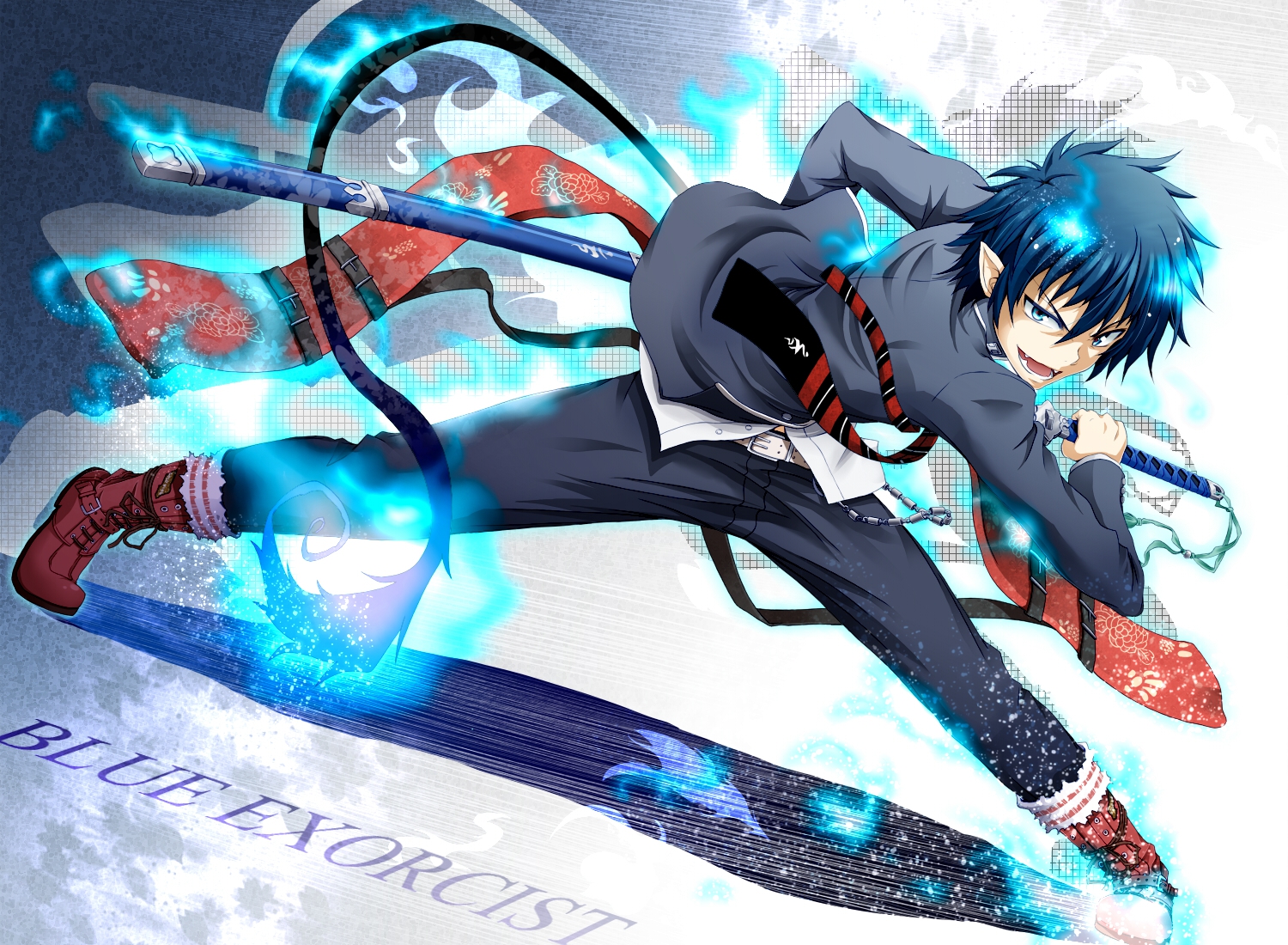 all_male, ao_no_exorcist, blue_eyes, blue_hair, fang, fire, flask_(pandora), male, okumura_rin, pointed_ears, short_hair, sword, tail, tie, weapon