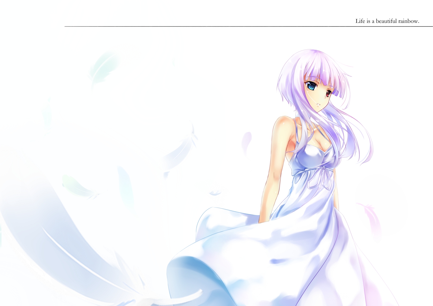 ame_no_uta, bicolored_eyes, dress, feathers, original, summer_dress, white, white_hair