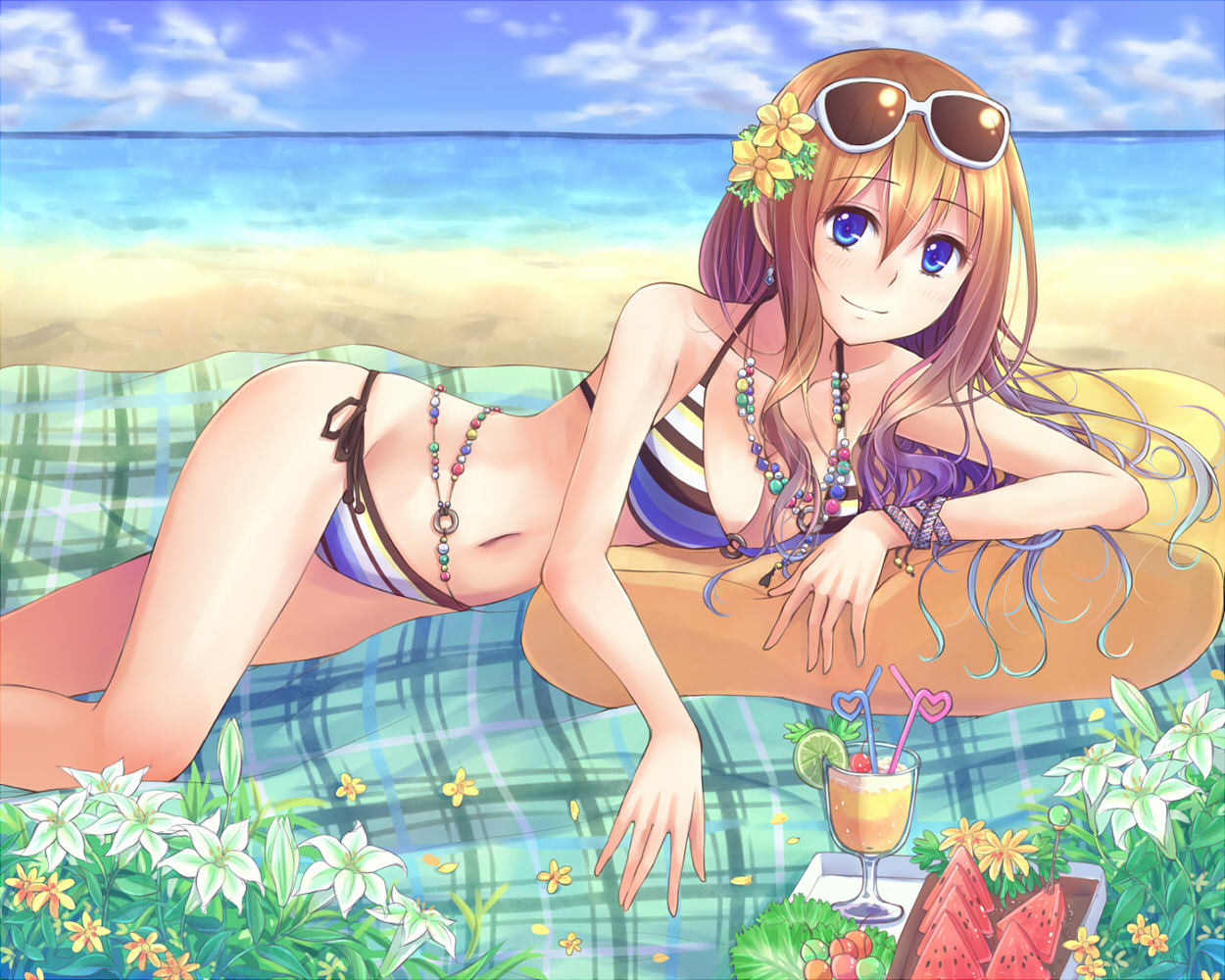beach, bikini, blue_eyes, brown_hair, drink, flowers, food, fruit, long_hair, navel, necklace, original, suikakitsu_shiro, sunglasses, swimsuit, watermelon