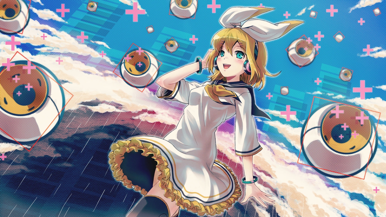 40hara, aqua_eyes, blonde_hair, blush, bow, clouds, dress, headphones, kagamine_rin, sky, thighhighs, vocaloid, zettai_ryouiki