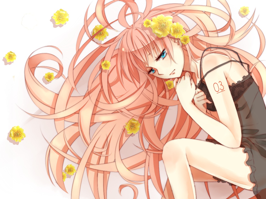 blue_eyes, dress, flowers, long_hair, megurine_luka, pink_hair, sachikan, vocaloid