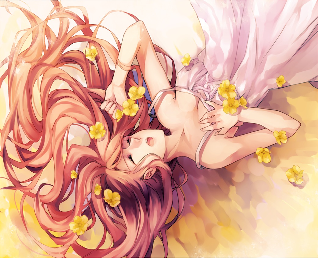 dress, flowers, long_hair, megurine_luka, pink_hair, sachikan, summer_dress, vocaloid