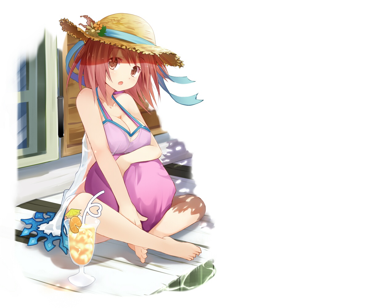 barefoot, breasts, brown_hair, cleavage, dress, drink, efe, hat, hataraku_maou-sama!, sasaki_chiho, white