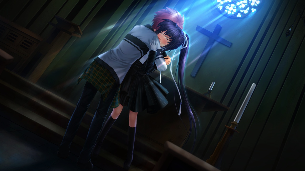 crying, dark, game_cg, hinoue_itaru, hug, key, konohana_lucia, long_hair