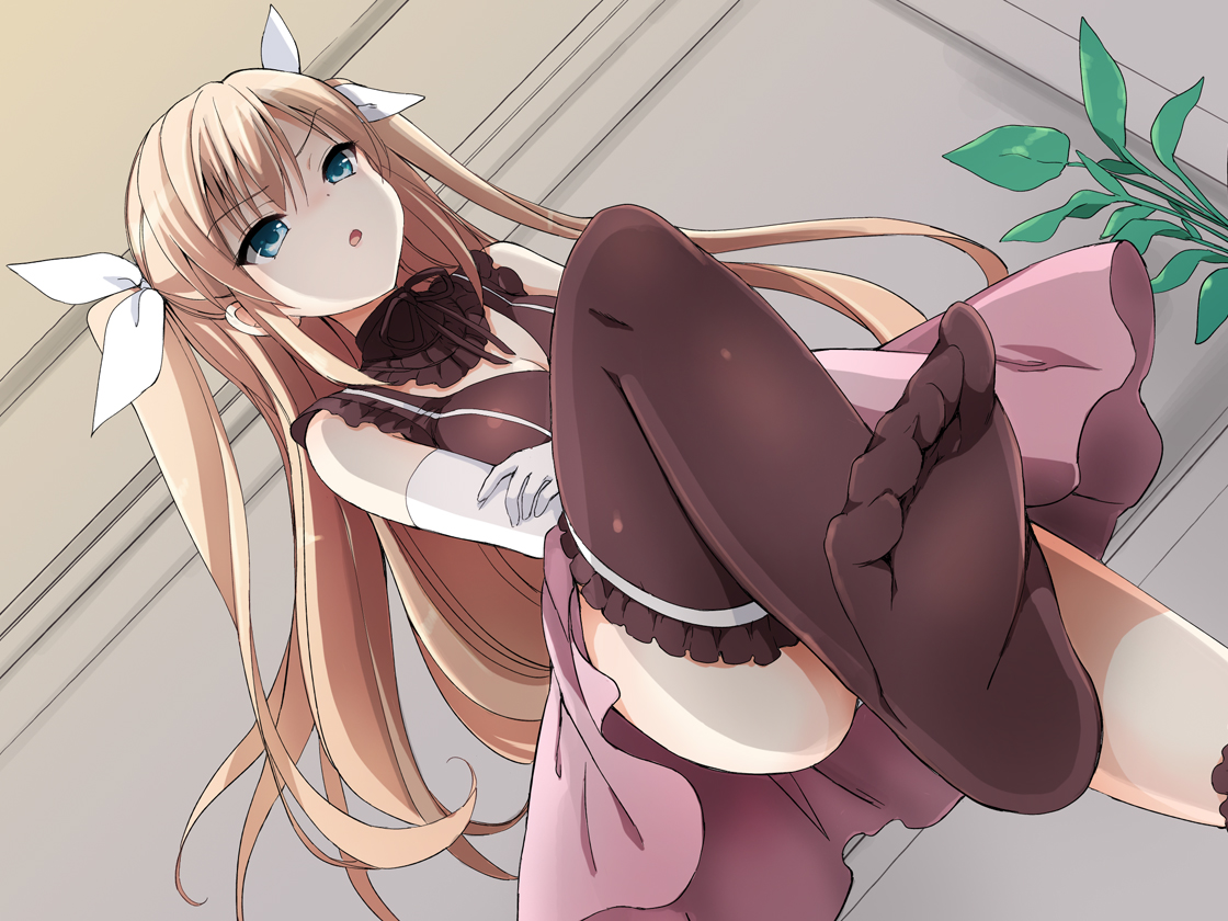 aqua_eyes, blonde_hair, elbow_gloves, gloves, kurimomo, thighhighs, twintails