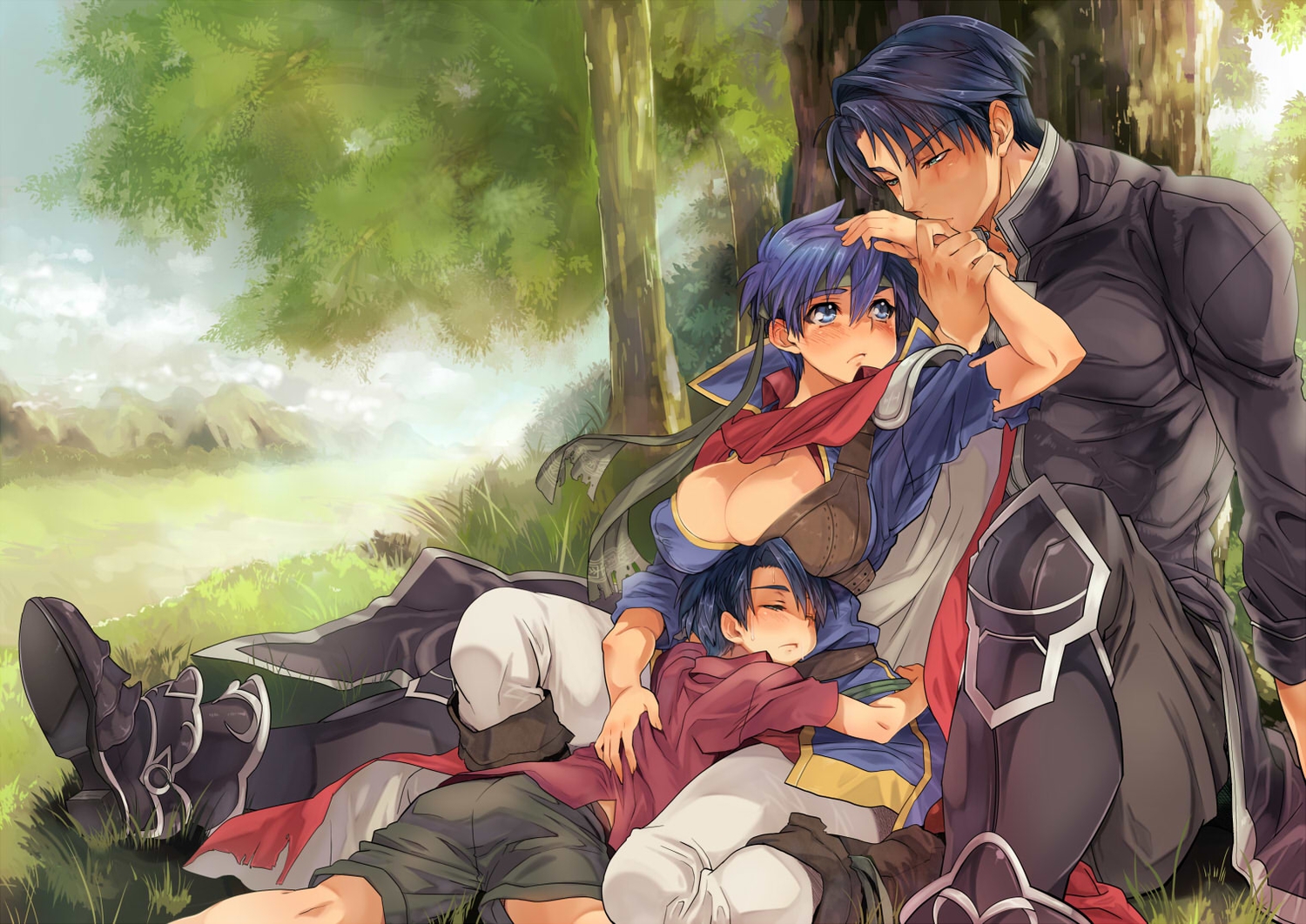 armor, blue_eyes, blue_hair, boots, breasts, cape, cleavage, dark_skin, fire_emblem, genderswap, grass, headband, ike_(fire_emblem), male, tree, yajiro_masaru, zelgius_(fire_emblem)