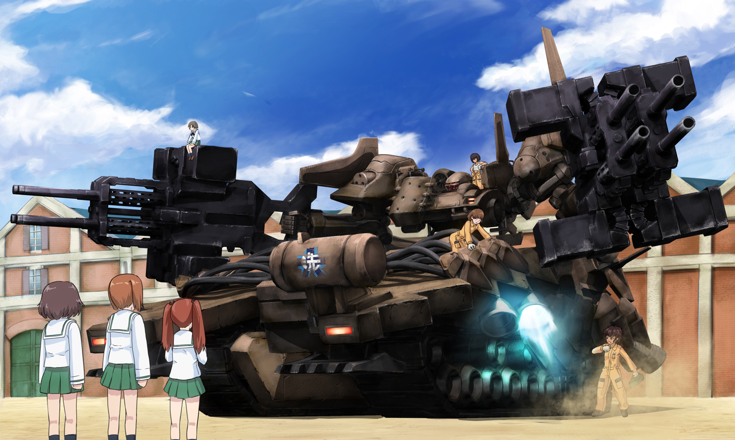 akiyama_yukari, armored_core, armored_core_5, black_hair, brown_hair, combat_vehicle, crossover, girls_und_panzer, gotoms, group, gun, hoshino_(girls_und_panzer), kadotani_anzu, long_hair, maruyama_saki, mecha, nishizumi_miho, red_hair, school_uniform, short_hair, skirt, solokov_(okb-999), suzuki_(girls_und_panzer), tsuchiya_(girls_und_panzer), twintails, weapon
