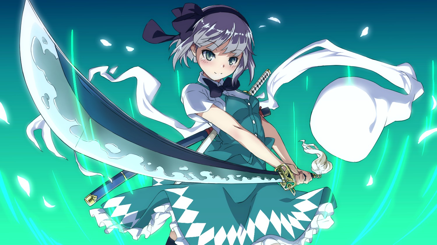 bow, gray_hair, green_eyes, jpeg_artifacts, katana, konpaku_youmu, myon, narusemi, skirt, sword, touhou, weapon