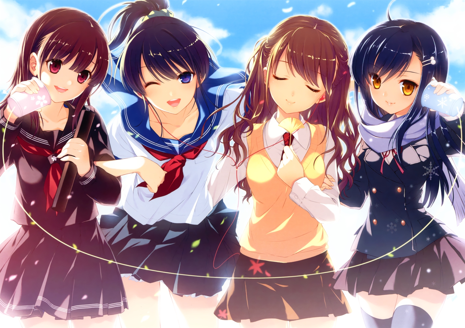 autumn, blue_eyes, blue_hair, brown_hair, clouds, dmyo, leaves, original