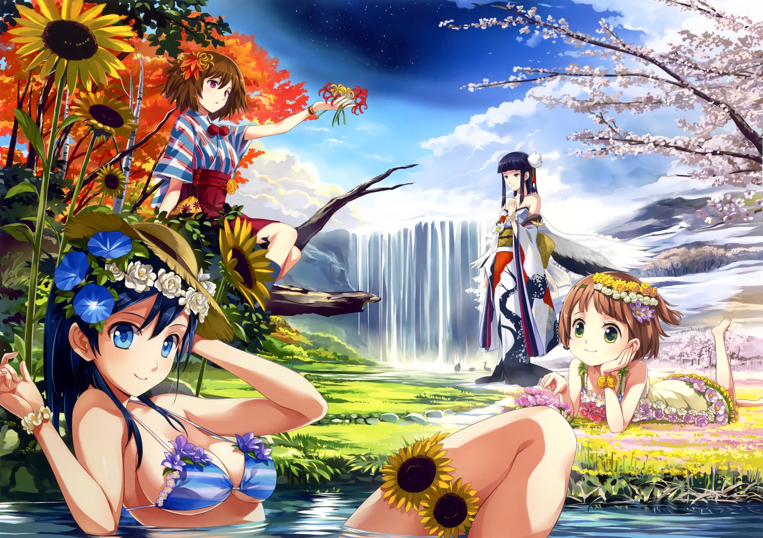 autumn, barefoot, bikini, bikini_top, cherry_blossoms, ekusa_takahito, flowers, hat, japanese_clothes, long_hair, original, scan, short_hair, spring, summer, sunflower, swimsuit, water, waterfall, winter