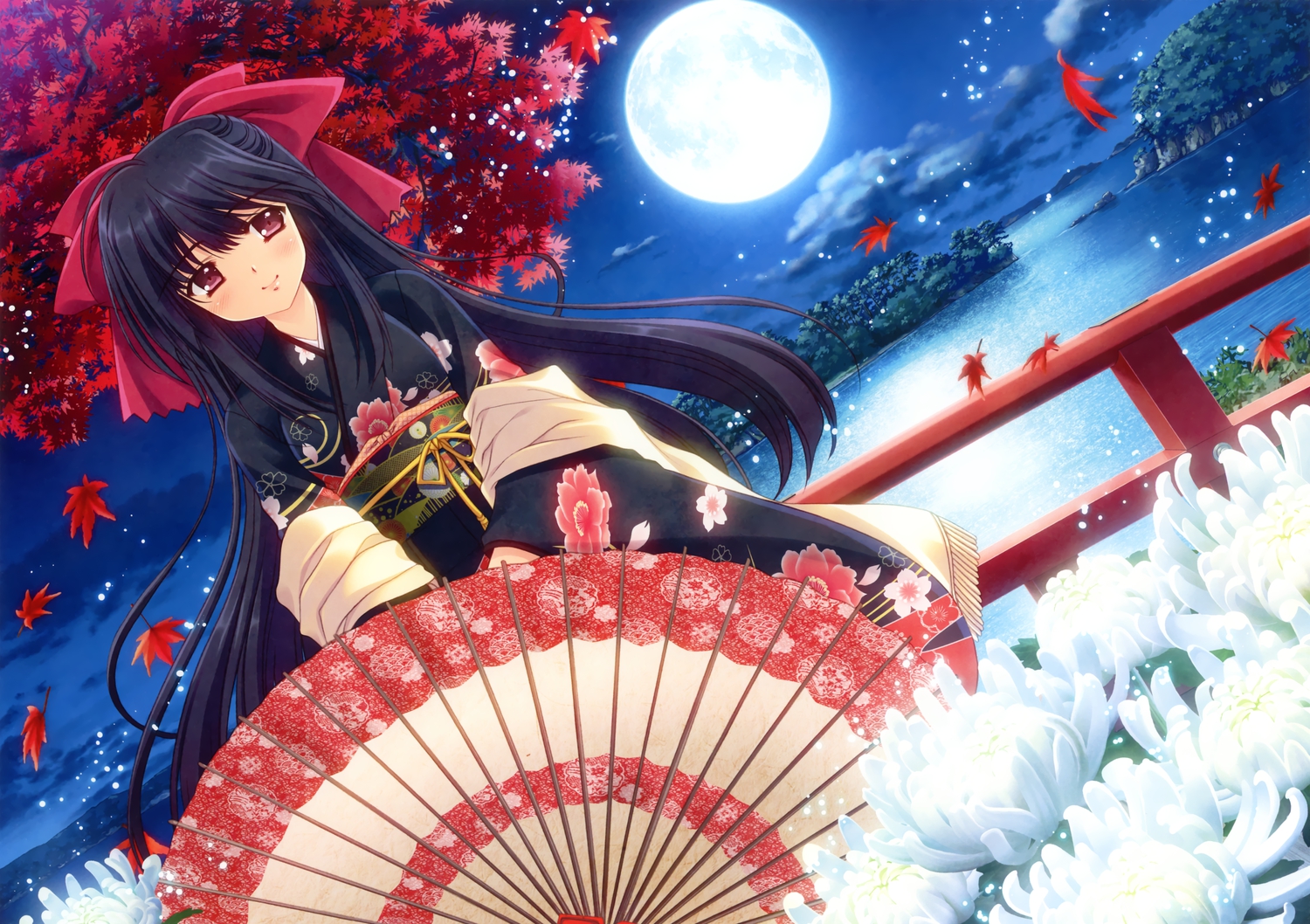 black_hair, clouds, japanese_clothes, kimono, long_hair, moon, night, nishimata_aoi