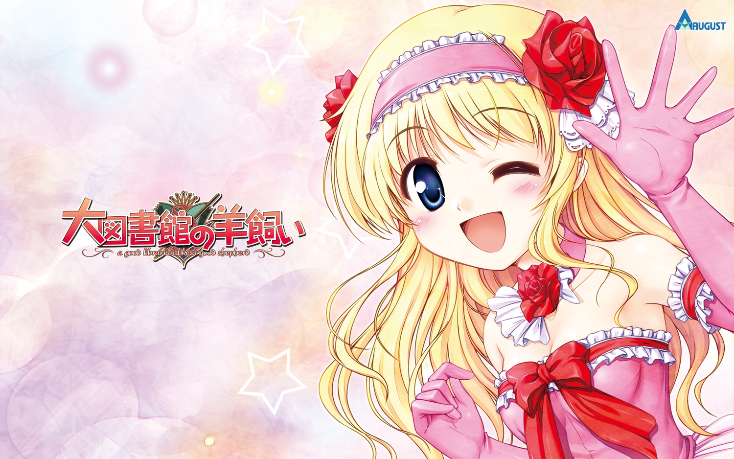 bekkankou, blonde_hair, blue_eyes, daitoshokan_no_hitsujikai, elbow_gloves, gloves, suzuki_kana, wink