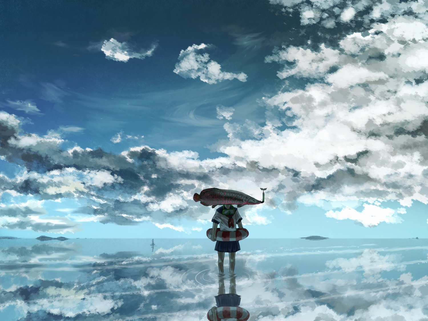 animal, clouds, fish, hiyo_tomy, original, scenic, school_uniform, sky, water