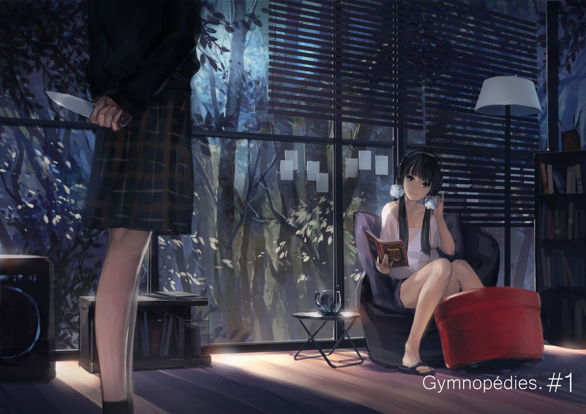 2girls, black_eyes, black_hair, book, headphones, hjl, jpeg_artifacts, knife