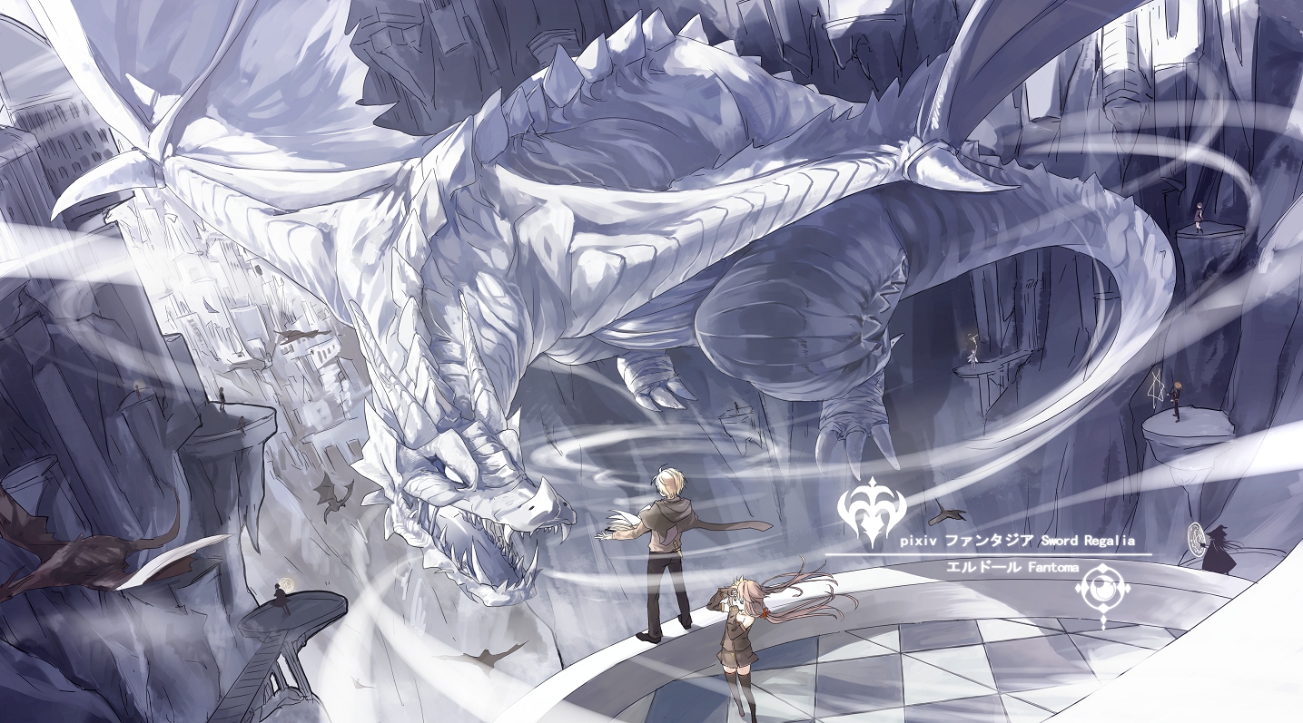 blonde_hair, book, brown_hair, dragon, hat, knife, long_hair, magic, original, pixiv_fantasia, shomon, short_hair, thighhighs, twintails, weapon