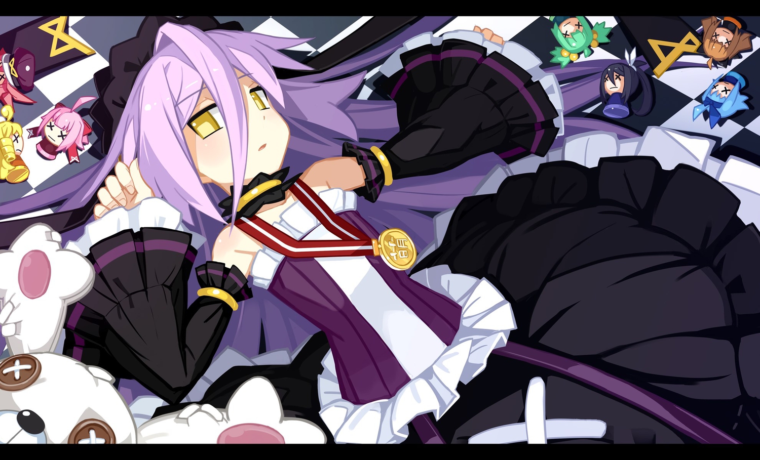 compile_heart, loli, mugen_souls, purple_hair, yellow_eyes