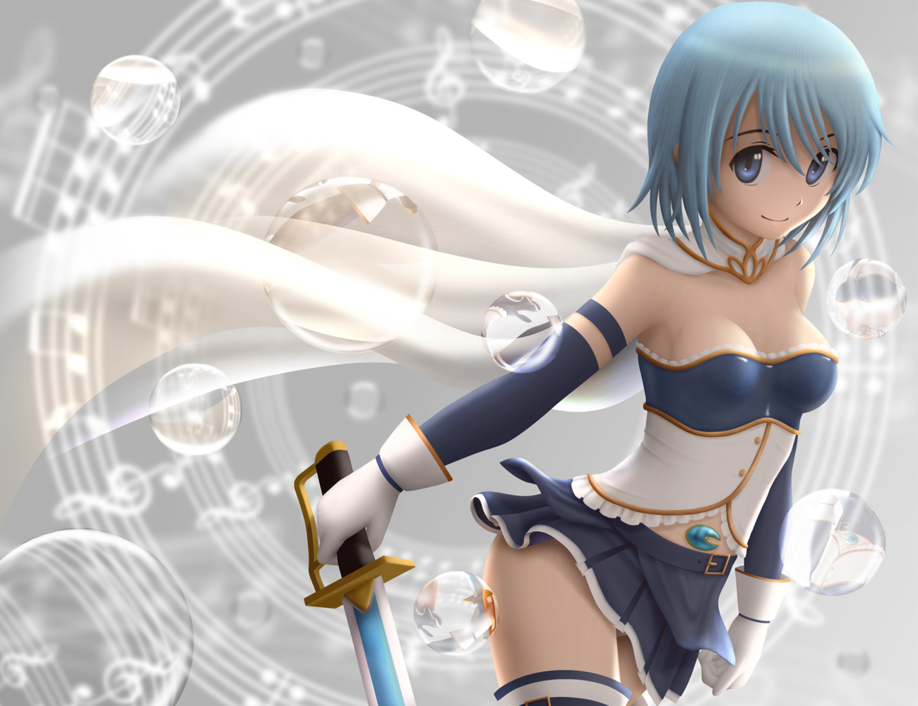 blue_eyes, blue_hair, breasts, cape, cleavage, mahou_shoujo_madoka_magica, miki_sayaka, siraha, skirt, sword, thighhighs, weapon