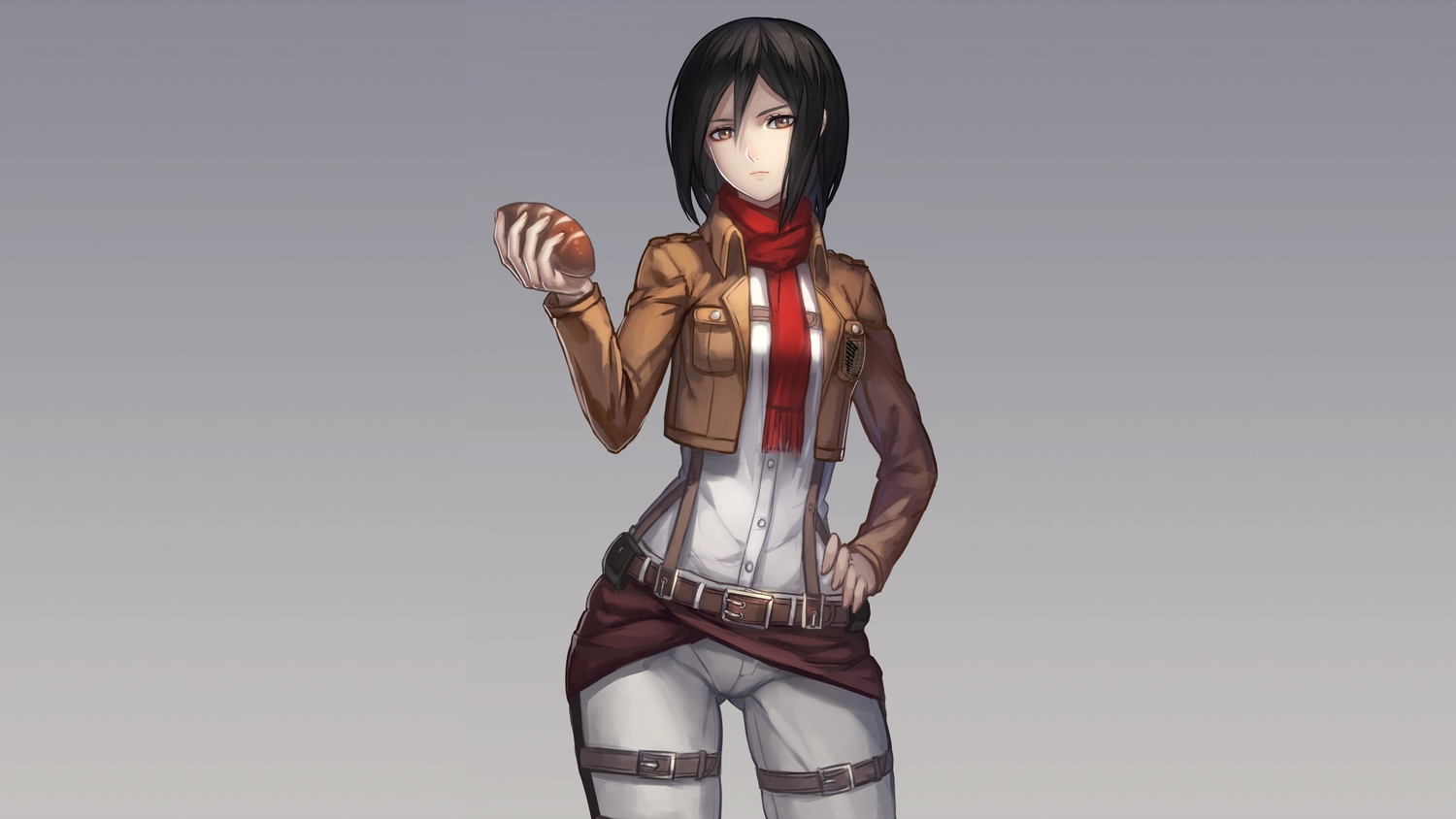 black_hair, brown_eyes, food, gray, mikasa_ackerman, ryuuzaki_ichi, scarf, shingeki_no_kyojin, short_hair, uniform