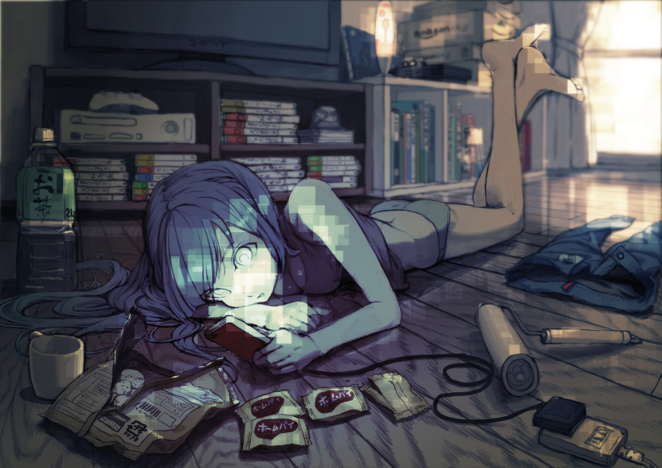 blue_hair, drink, food, game_console, original, phone, rias-coast, tagme