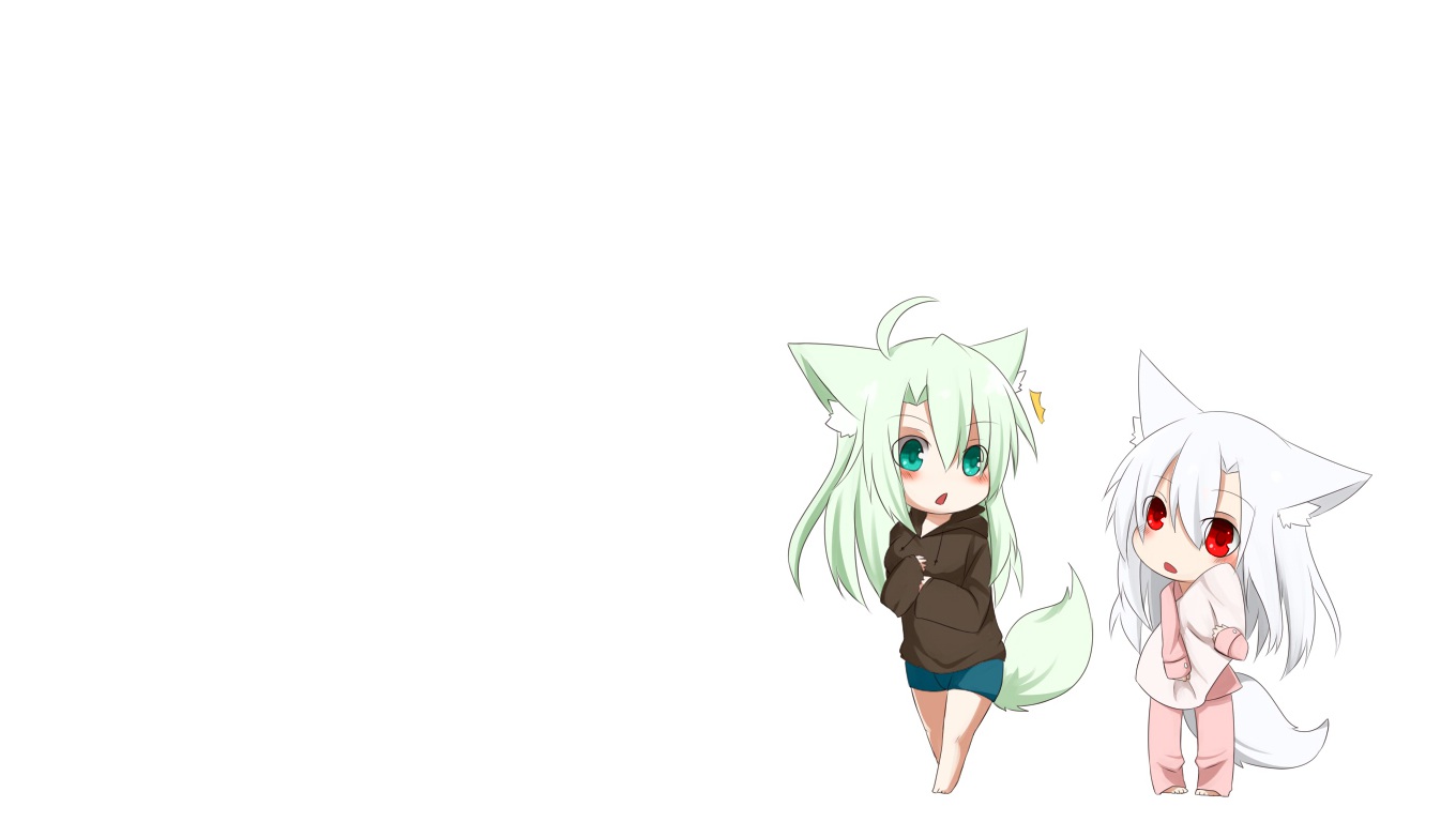 2girls, animal_ears, aqua_eyes, blush, chibi, foxgirl, long_hair, original, pajamas, red_eyes, rubii, tail, third-party_edit