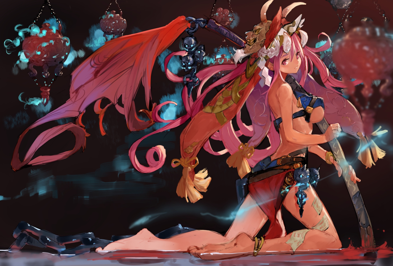 barefoot, breasts, cleavage, kureta_(nikogori), original, red_hair, sword, underboob, weapon