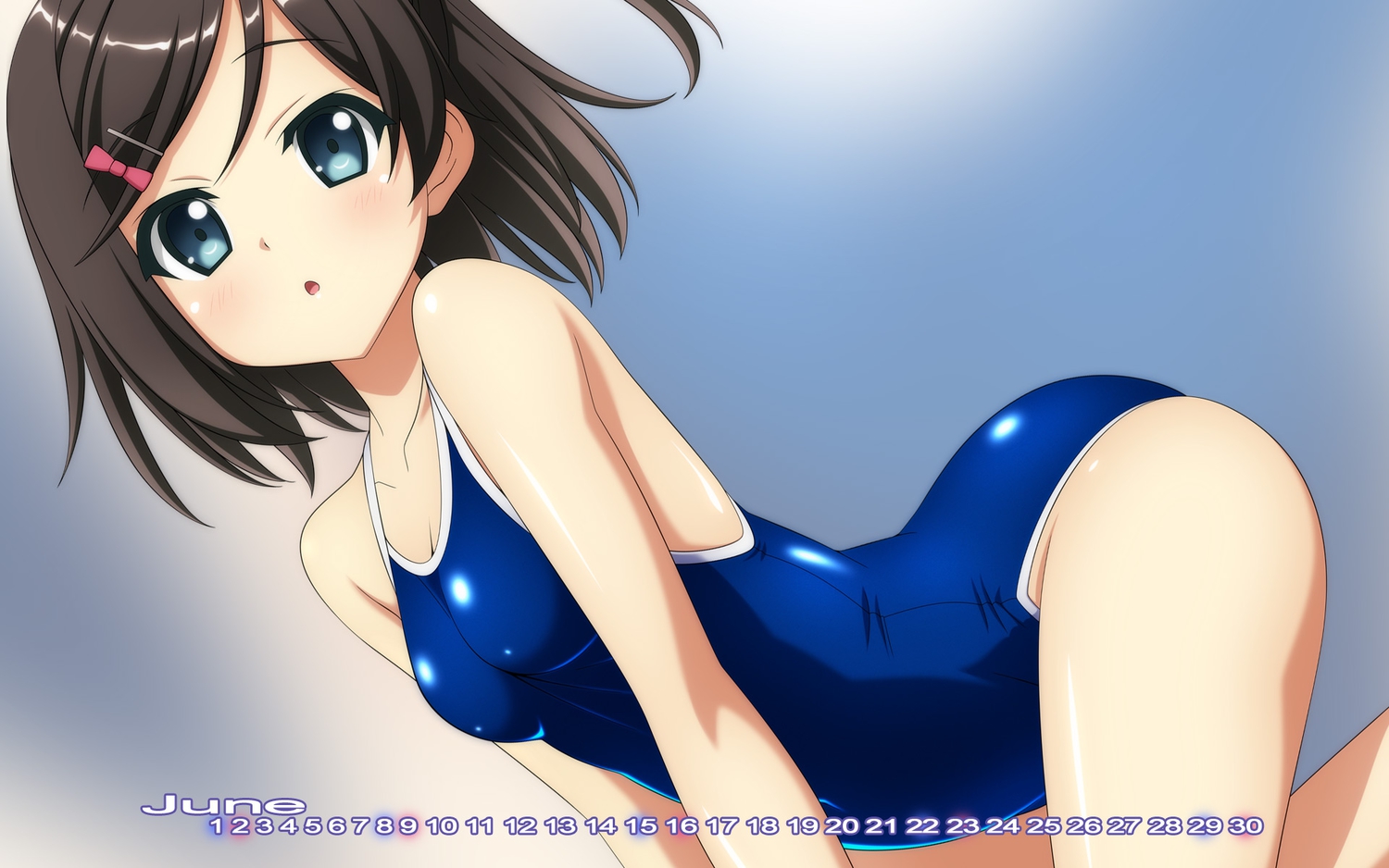 blue_eyes, bow, brown_hair, calendar, hentai_ouji_to_warawanai_neko, over_drive, short_hair, sugimura_tomokazu, swimsuit, tsutsukakushi_tsukiko, wave_ride