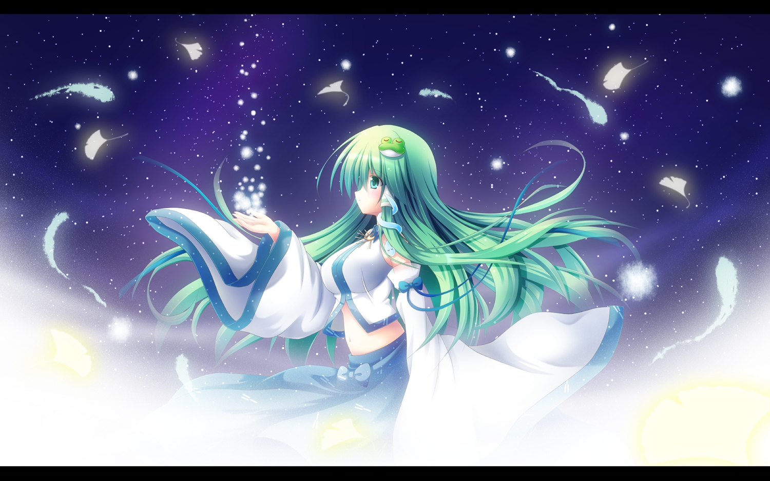 green_hair, japanese_clothes, kochiya_sanae, long_hair, miko, shin_osada, stars, touhou