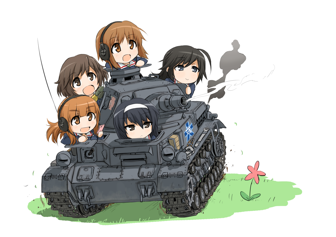 akiyama_yukari, black_eyes, black_hair, brown_eyes, brown_hair, chibi, combat_vehicle, girls_und_panzer