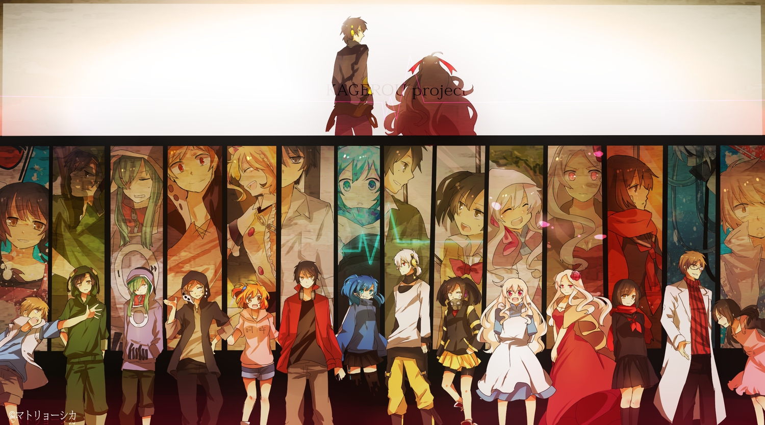 amamiya_hibiya, asahina_hiyori, azami_(kagerou_project), black_eyes, black_hair, blonde_hair, blue_eyes, blue_hair, brown_eyes, brown_hair, dark_konoha, ene_(kagerou_project), enomoto_takane, glasses, green_hair, group, headphones, kagerou_project, kano_shuuya, kido_tsubomi, kisaragi_momo, kisaragi_shintaro, kneehighs, kokonose_haruka, konoha_(kagerou_project), kozakura_mary, kozakura_shion, long_hair, matryoshka_(borscht), orange_hair, red_eyes, scarf, seto_kousuke, short_hair, shorts, skirt, tateyama_ayano, tateyama_kenjirou, twintails, white_hair