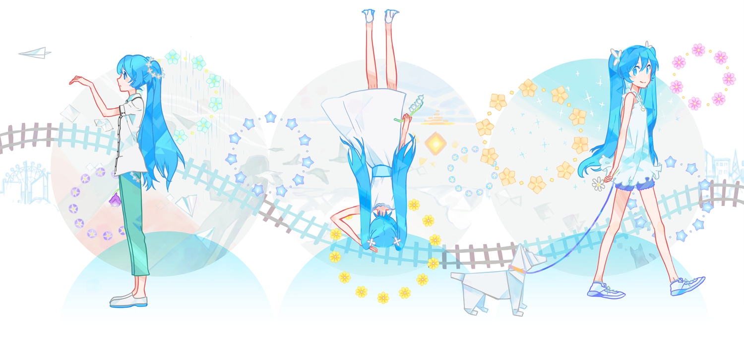 animal, blue_eyes, blue_hair, dog, flowers, hatsune_miku, kazune_(baumkuchen), paper