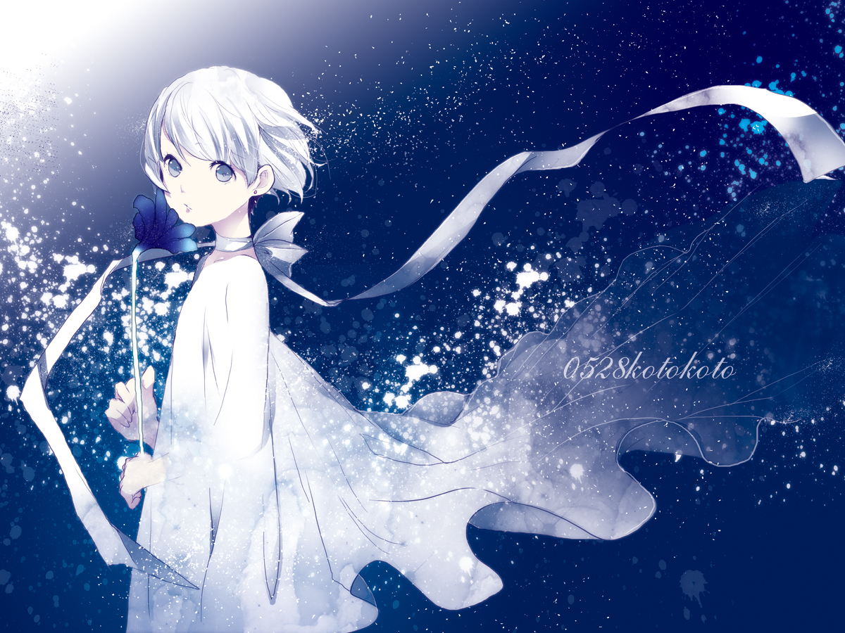 blue_eyes, dress, flowers, kotokoto, original, short_hair, white_hair