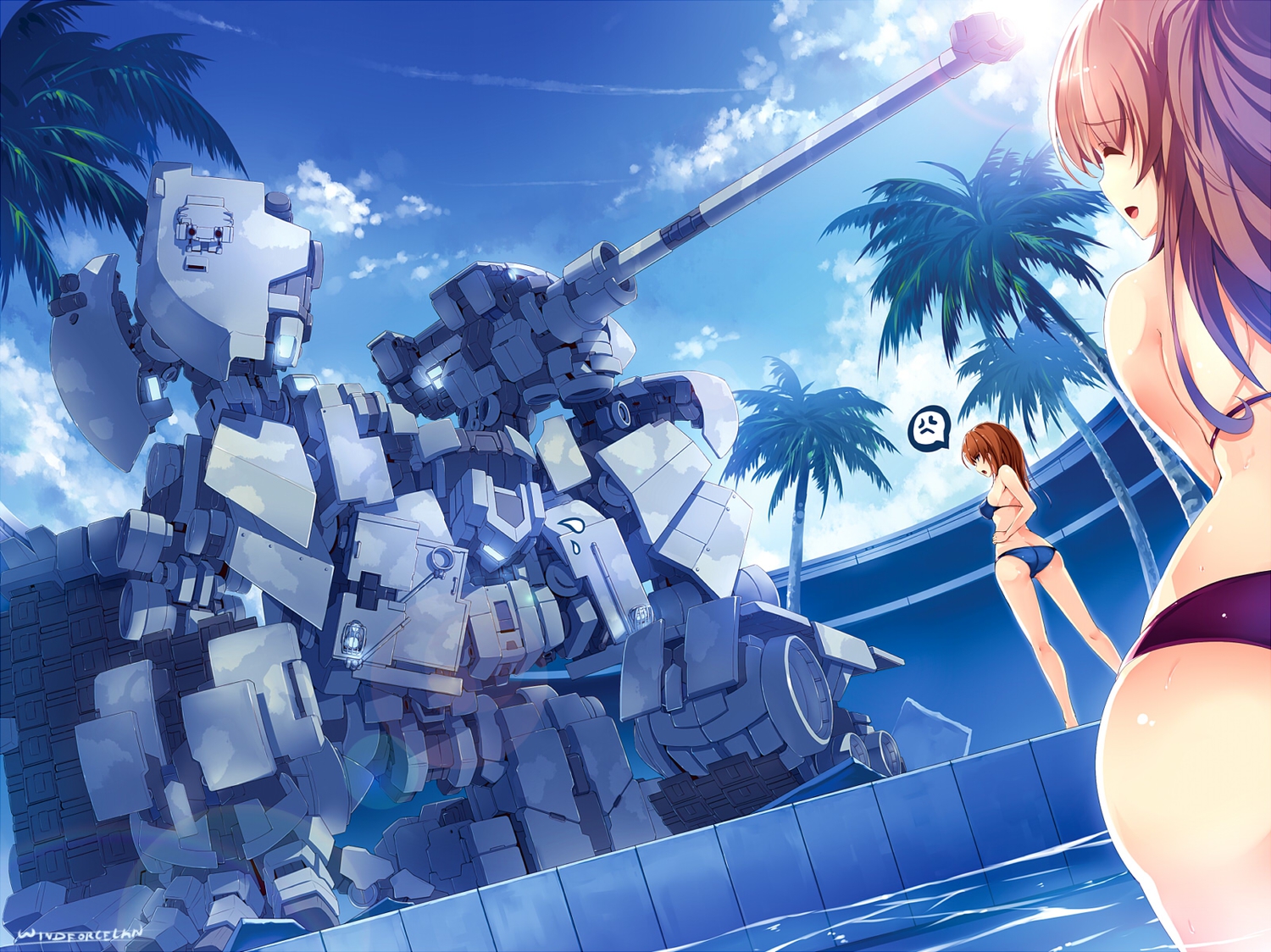bikini, mecha, original, pool, signed, swimsuit, tree, wet