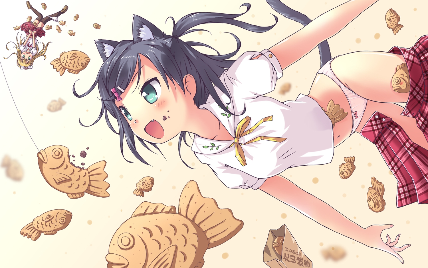 aki_(akisora_hiyori), animal_ears, azuki_azusa, food, hentai_ouji_to_warawanai_neko, panties, school_uniform, taiyaki