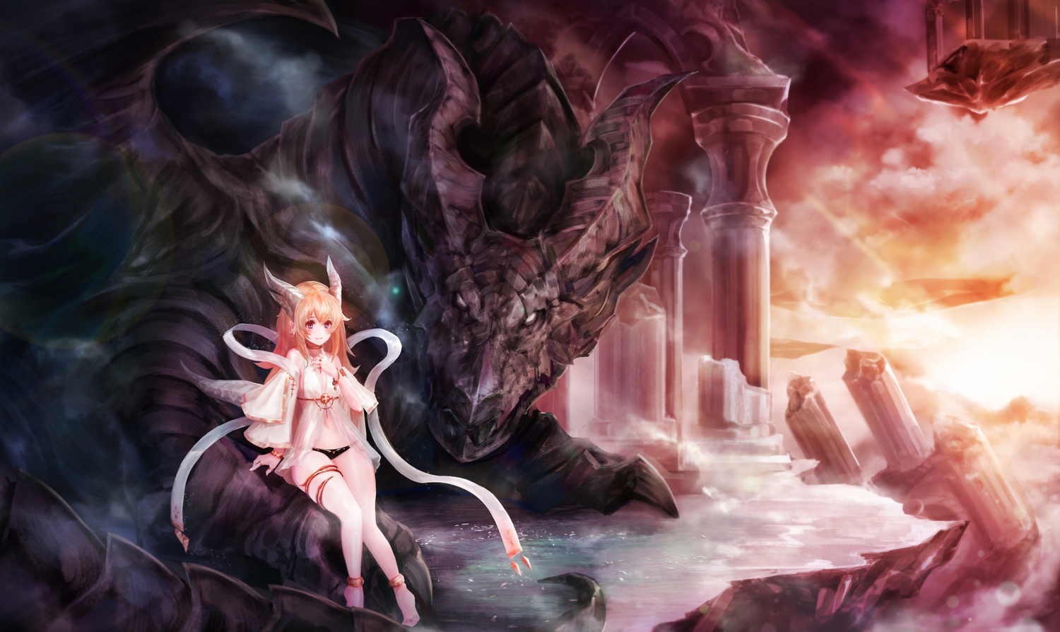 dragon, horns, original, ruins, yaoya_musuko