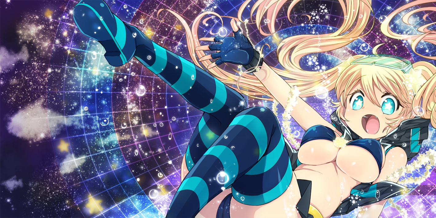 blonde_hair, blue_eyes, breasts, cleavage, goggles, kamiya_zuzu, original, thighhighs, twintails