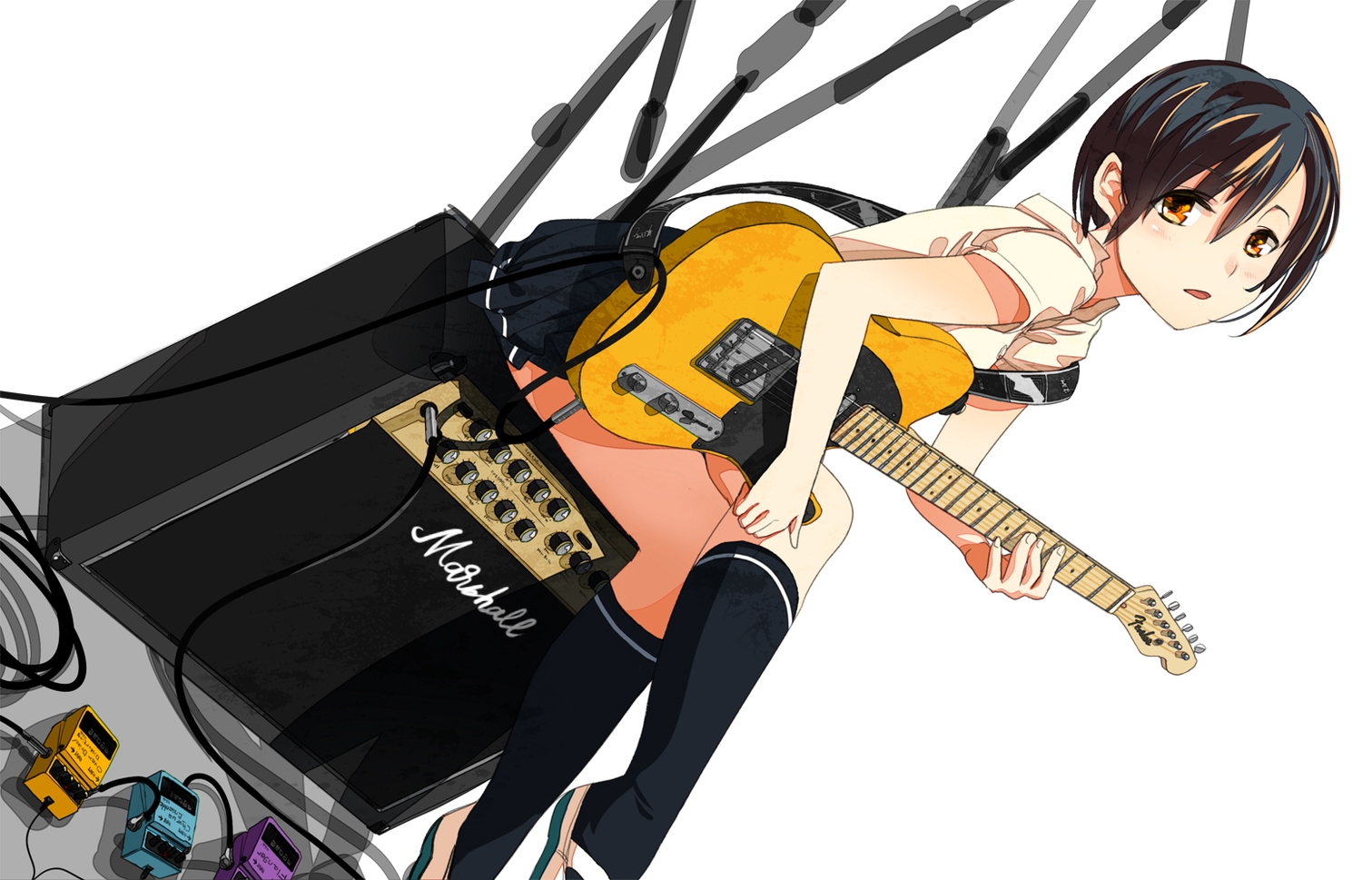 black_hair, brown_eyes, fujita_(condor), guitar, instrument, kneehighs, original, short_hair