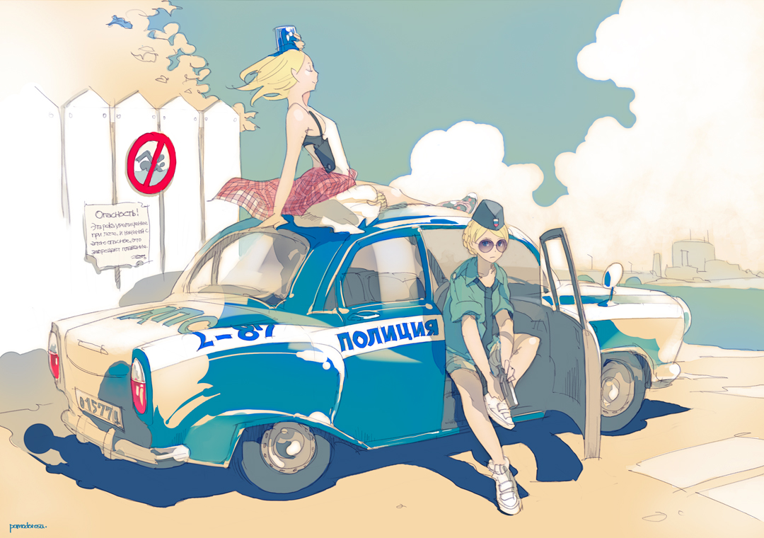 2girls, blonde_hair, car, clouds, hat, original, risa_hibiki, sky