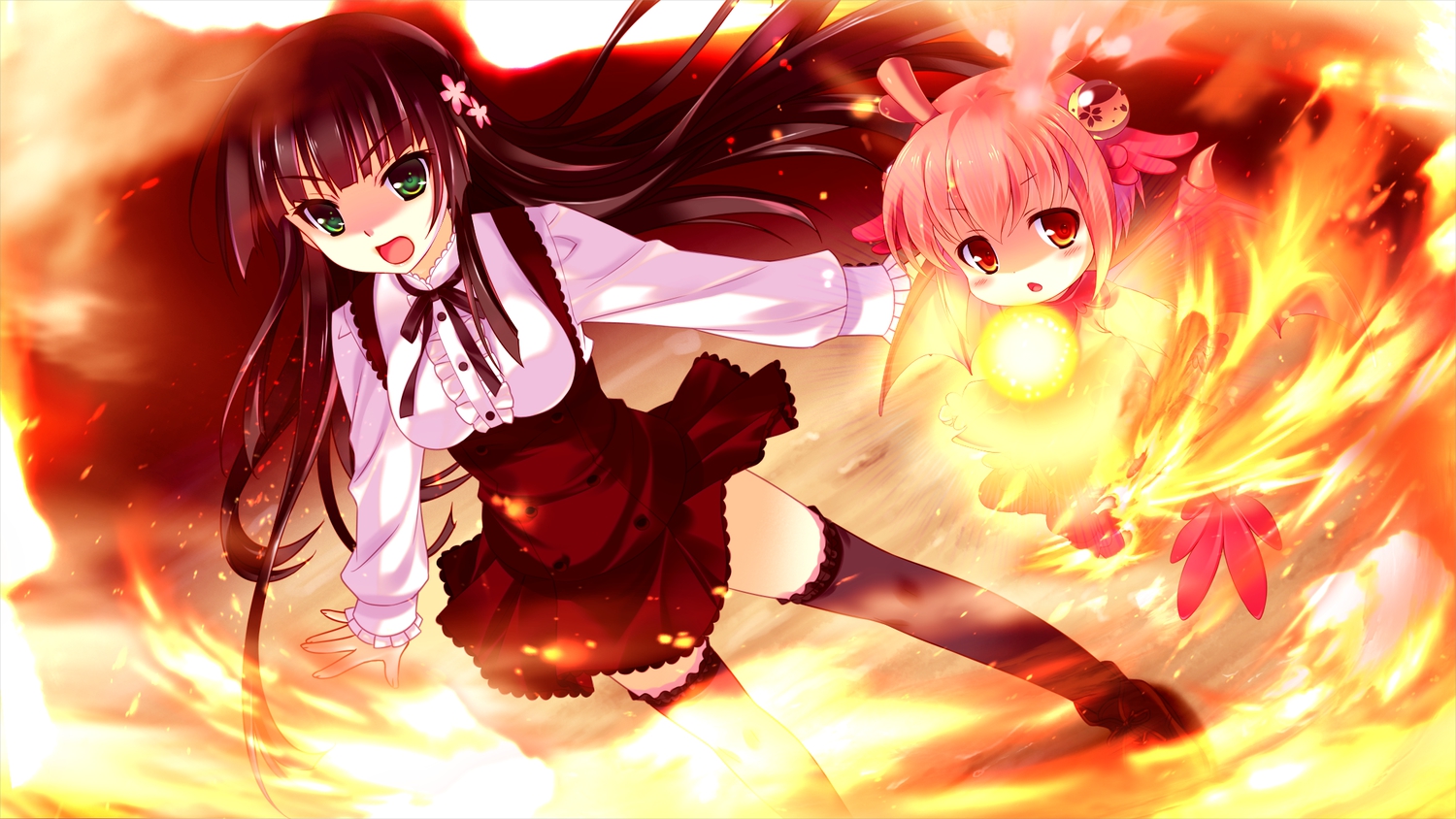 fire, game_cg, green_eyes, guardian_place, long_hair, red_eyes, saeki_hokuto, skyfish