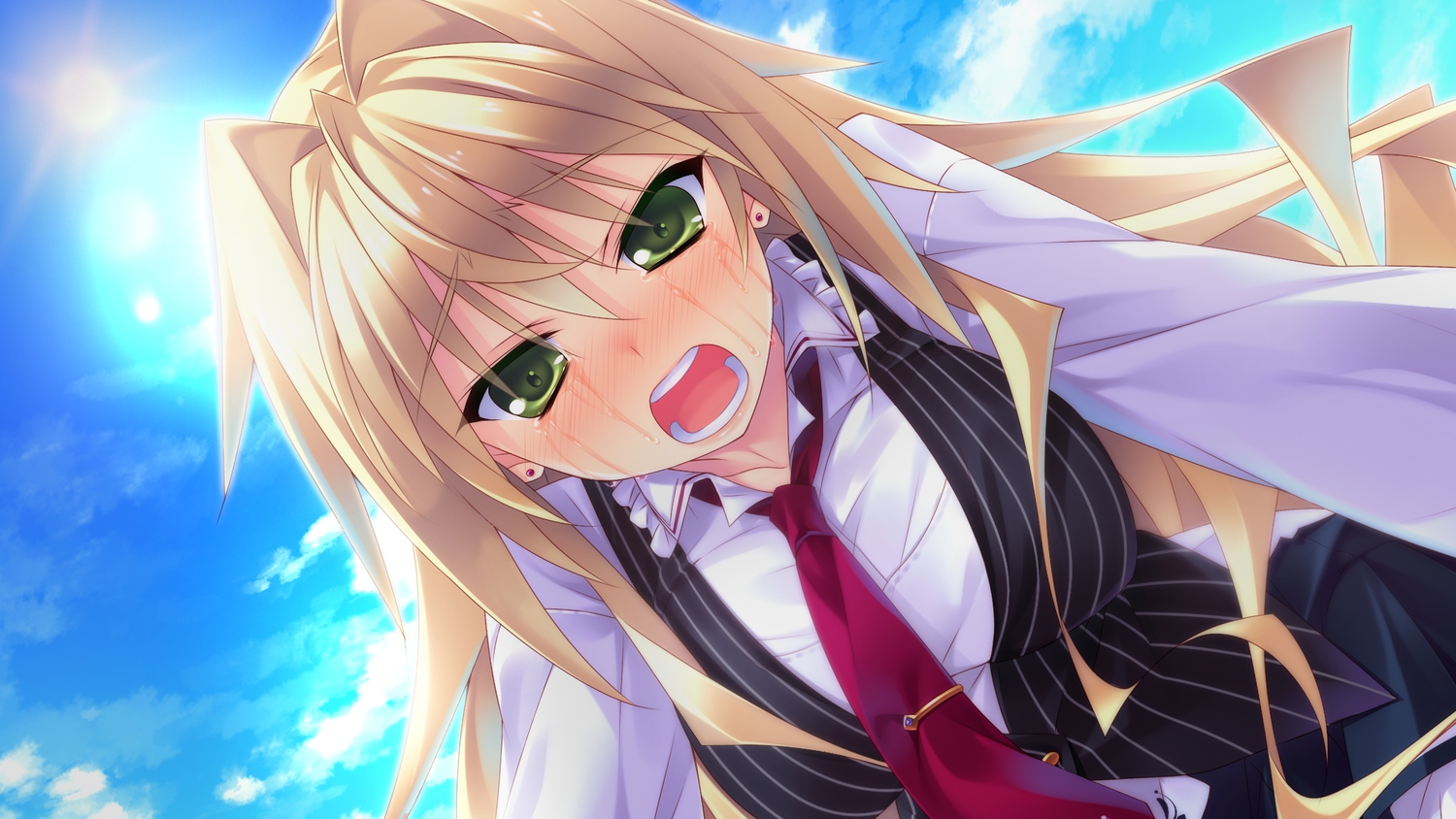 blonde_hair, crying, game_cg, green_eyes, guardian_place, hibarigaoka_itsuki, hinata_mutsuki, long_hair, skyfish, tears, tie