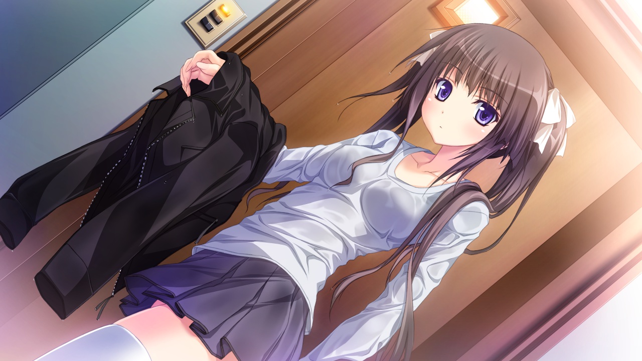 brown_eyes, game_cg, hapymaher, hirasaka_keiko, long_hair, purple_eyes, ribbons, skirt, tsukimori_hiro, wet